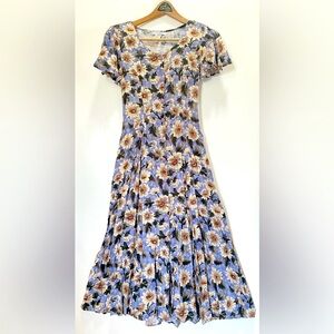 Vintage 90’s Floral Midi Dress in Blue and Cream- 100% Rayon